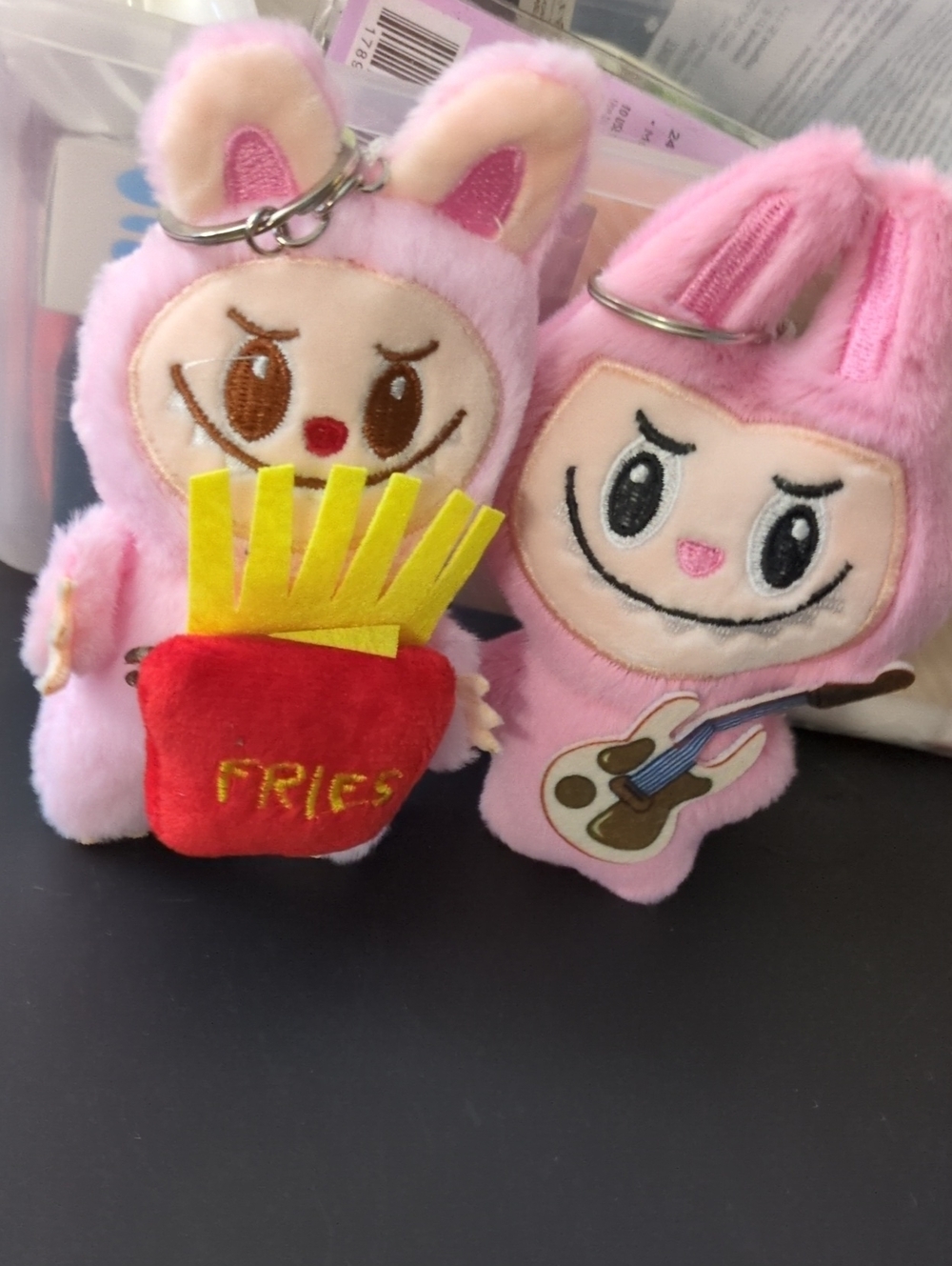 Cute Pink La Bubu Plush Keychain Duo - Fries & Guitar